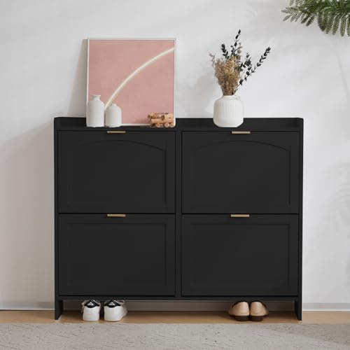 Aceinheu Schuhschrank Schmal (110 cm) mit 4 Klappen – Platzsparendes Flurregal Freistehend | Moderner Schuhkipper 24 cm Tief | Design Eingangsbereich Möbel mit Ablage (Schwarz)