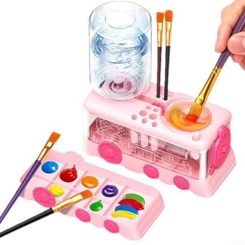 5-in-1 Paint Brush Cleaner with Tray and Drain for Kids, Cartoon Design ABS Plastic Brush Washing Station for Artists, Water-Saving Cycle System, Portable Painting Accessory (Purple)(Pink)