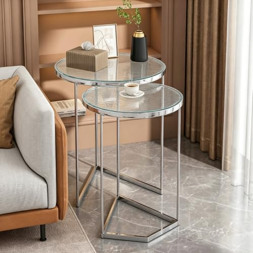 Rainbow Tree Set of 2 Glass Nesting Coffee Tables for Living Room, Clear Nest of 2 Nested Tables Sofa Side Table Coffee Table End Tables Space Saving