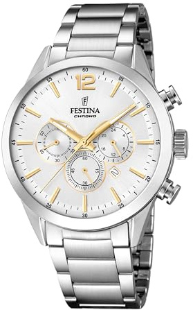 Festina Montre Homme Analogique en Acier Inoxydable 316L - Mouvement Quartz - Chronographe - Calendrier - Verre Minéral Résistant - Étanche 5 ATM - Style Casual F20343/1 Timeless Chronograph