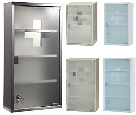 HS-Lighting Medizinschrank Edelstahl Arzneischrank Medikamentenschrank Erste Hilfe Schrank Gals Tür & Schloss XXL 30ⅹ30ⅹ12cm (Silber-4 Fächer-2)