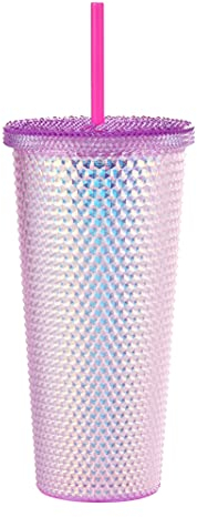 ALINK Studded Tumbler with Lid and Straw, Plastic Water Bottle, Iced Coffee Travel Mug Cup - Pink