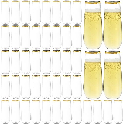 Hacaroa 48 Pack Plastic Stemless Champagne Flutes, 250 ml Clear Toasting Glasses Highball Cups, Mimosa Glasses for Wine, Cocktail, Bar, Party, Wedding, Shatterproof, Gold Rim
