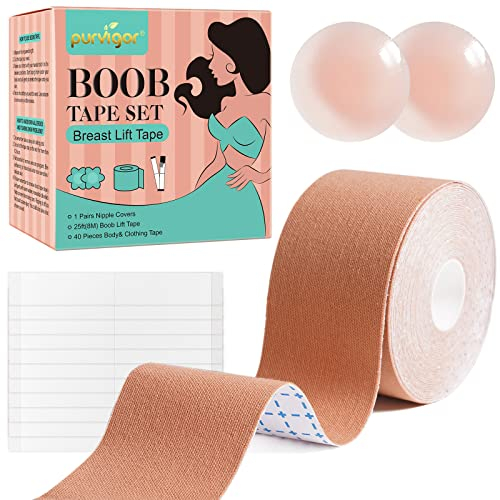 Boob Tape Kit, Breast Lift Tape, Waterproof & Breathable Breast Tape for Large Breasts Lift and Chest Support, with 2 Reusable Silicone Nipple Covers & 40 Pieces Clothing Tapes