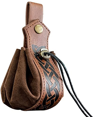 HiiFeuer Medeltida fodral med dragsko i konstläder,Retro nordisk bärbar myntväska,Vintage bälte Pouch tärning väska för LARP Ren Faire(Brun A)