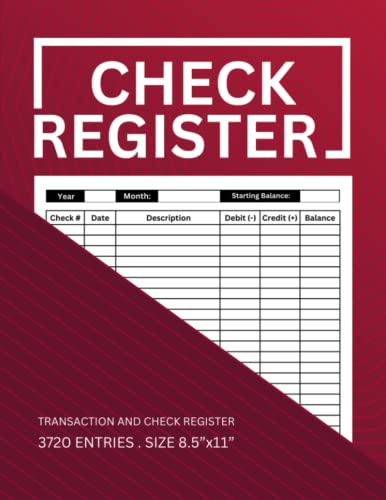 Check Register: For Tracking Personal Checkbook Transactions | Columns for Date, Description, Check Number, Debit, and Credit and Running Balance. Size 8.5x11”