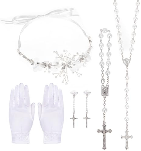HOWAF Haarschmuck Kommunion, Erstkommunion Haarschmuck Haarkranz, Handschuhe, Rosenkranz, Armband, Kreuz Ohrringe für Konfirmation Kommunion Geschenke