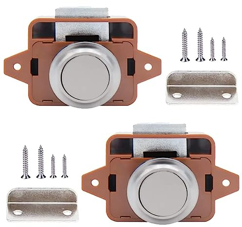 2 Pièces Bouton Poussoir Serrure, Bouton Poussoir Loquet, Poussoirs Camping Car, Serrure à Poussoir Loquet Bouton, pour Tiroirs, Camping-cars, Yachts, Portes de Placard (Brun)