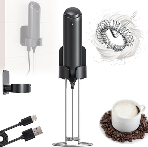 OmePS Espumador de Leche de Mano, espumador de Leche con Leche, licuadora eléctrica con Base de Carga integrada USB-C y Soporte de Pared, batidor para café con Leche, Capuchino, batido, Matcha