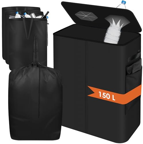 Marsred 2 Fächer Pfandflaschen Sammelbehälter mit 4 verdicker Innenbeutel, 150L Pfandbehälter mit Deckel，Leergut Sammelbehälter aus 600D Polyester, Faltbar Flaschensammler mit Loch