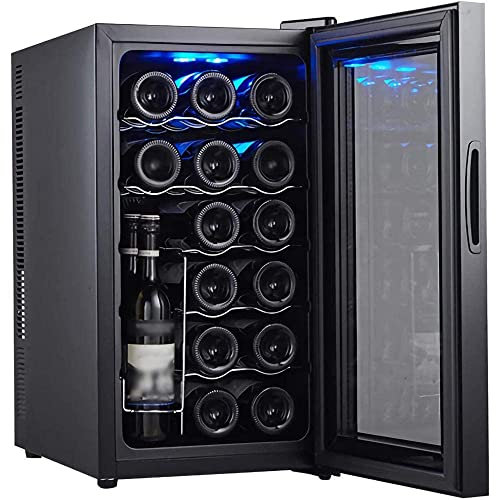 Refroidisseur à vin 18 bouteilles de comptoir, cave à vin, petit réfrigérateur à vin autoportant à humidité constante, affichage numérique de la température, porte en verre, noir, étagères en métal