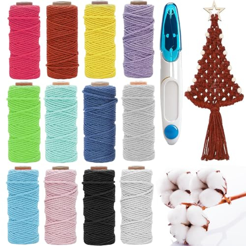 RANJIMA Makramee Garn 2mmx30m, Makramee Set mit Schere, Baumwollgarn zum Häkeln, Bunt Baumwollkordel Weihnachten Deko, Natur Baumwolle Makramee Zubehör für DIY Handwerk Boho Wandbehang Deko (12 Stück)