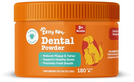 Zesty Paws Dental Powder for Dogs & Cats teeth | Targets Plaque & Tartar, Supports Healthy Gums & Fresh Breath | With Seaweed, Green Tea, Echinacea & Pomegranate | Daily Use | 180 Scoops