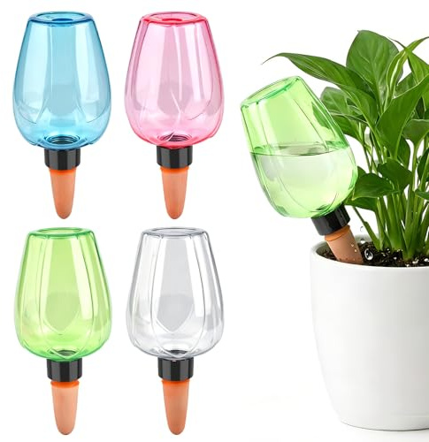 Plant Watering Devices, 4Pcs Plant Watering Globes, Plastic Water Bulbs Top Fill, 350ML Self Watering Plant Spikes System, Slow Release Terracotta Watering Spikes for Indoor Outdoor Plants
