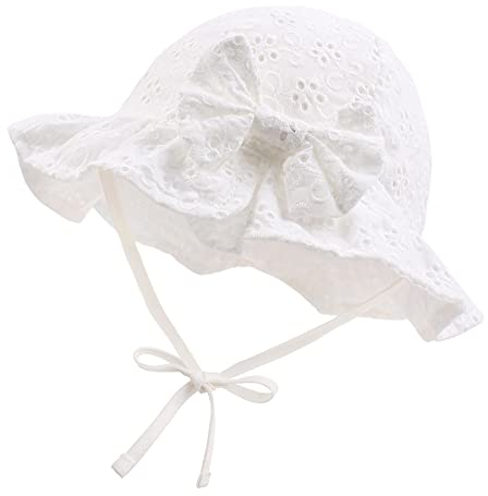 XIAOHAWANG Sommerhut Baby Mädchen UV Schutz Sonnenhut Mütze Baby Sommer Mützen Baumwolle Mit Schleife und Bindebändern(Weiß, 44cm(0-3 Monate))
