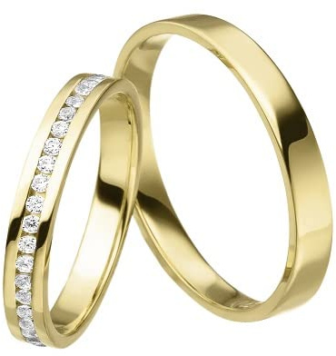 JC Trauringe 925 Silber vergoldet Paar-Preis I Eheringe mit kostenfreier Gravur I Partnerringe 2,5 mm breit inkl. Etui I Herren-Ring ohne & Damen-Ring mit Zirkonia-Steinen I Größe 45 bis 76 I MT05-GP