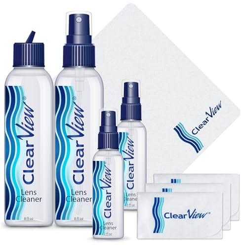 Clear View Lens Cleaner Kit – 4 Bottles + 4 Microfiber Cloths | Streak-Free Eyeglass & Screen Cleaning Spray | Safe for AR & Blue-Light Lenses | 8 oz + Travel Sizes