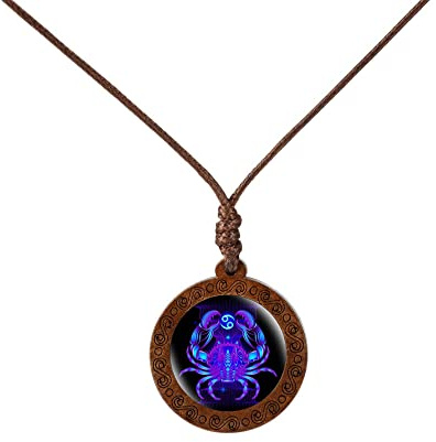 LODMLOER Sternzeichen Halskette Schmuck Geschenk,Rustikales Holz Und Glas 12 Sternbild Zeichen Halskette,Glückliche Sternbild Halskette Geburtstag Weihnachten, Krebs