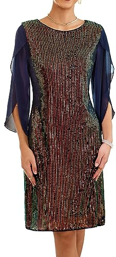 GRACE KARIN Fête Robe Femme à Sequin Élégantes à Manche Longues Coupe Ample Loisirs Noël Mi-Longue S Paillettes Coloré sur Noir