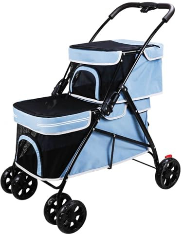 DECORN Doppelter Hunde-Kinderwagen, Haustier-Kinderwagen, Katzen-Kinderwagen für Kleine Mittelgroße Hunde und Katzen – Leichter, Faltbarer Kinderwagen für Haustiere – 4-Rollen-Reisekäfig,Blue