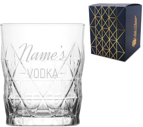 Personalised Engraved Novelty Vodka Short Keops Tumbler Glass with 'Name's Vodka' Design, Customise with Any Name for Any Occasion, Gift Box Included, Laser Engraved