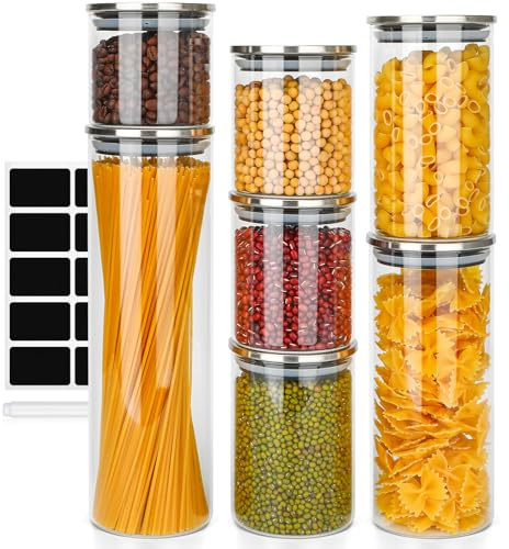 Otauoaea Tarros de Cristal con Tapa Aceros Inoxidables, Juego de 7Botes Cristal Grandes, Frascos de Vidrio para Cereales Espaguetis Pasta(1300ml,700ml,400ml,1000ml,450ml,2 * 550ml)