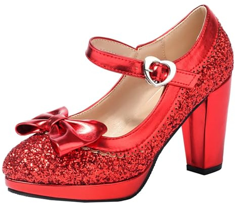 HSyc JRX blockklack för kvinnor, höga klackar, glitter, pumps med rosett, Mary Jane, platåskor, röd, 40 EU
