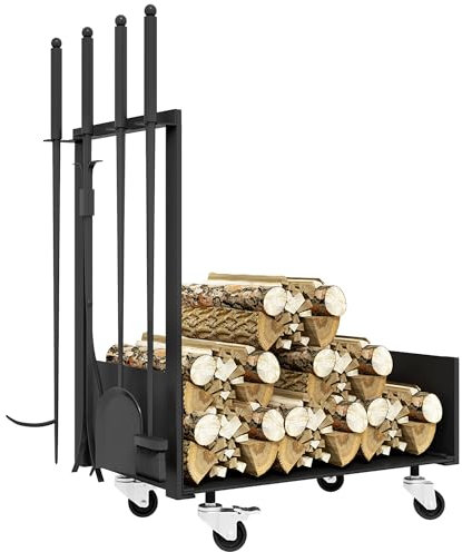 Outsunny Soporte para Leña con Ruedas Estante de Leña Metálico Leñero de Exterior con Pala Escoba Atizador y Tenazas 48x30x76 cm Negro
