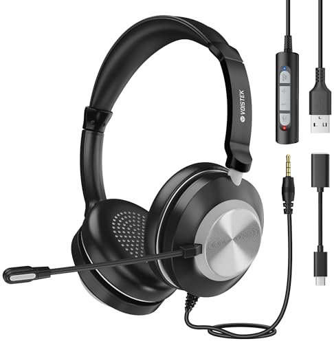 Voistek USB Headset with Microphone for Laptop PC,Wired On Ear Computer Headphones with Noise Cancelling Mic & In-line Controls for Office, Call Center, Online Classes, Teams, Zoom, Skype