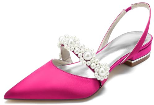 HQINGAXU Women Pointed Toe Bridal Flats Pumps Satin Slingback Wedding Dress Shoes Formal Party Pearl Ballet Evening Wide Fit Block Heels Sandals,Fuchsia,10 UK