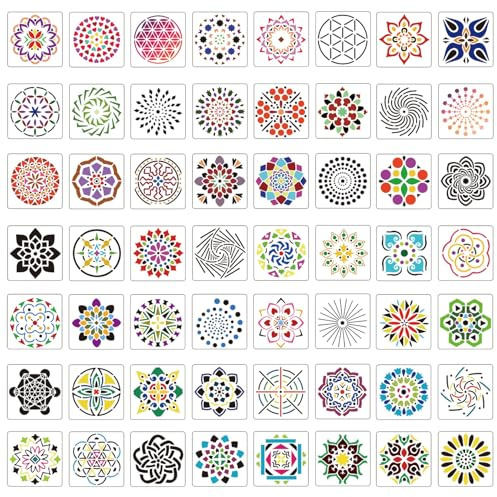 56 pezzi Mandala Stencils, 9x9cm Stencil riutilizzabili per la Pittura Mandala Punteggiatura Stencil Artigianato Disegni Modelli per Rocce Legno Tela Tessuto Progetti d'Arte