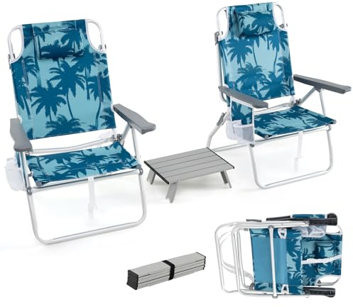 KOMFOTTEU Strandstolar vikbara med bord, campingstolar med nackstöd och justerbart ryggstöd, strandstol med ispåse och mugghållare och förvaringsväska upp till 136/150 kg (modell 2, blå)