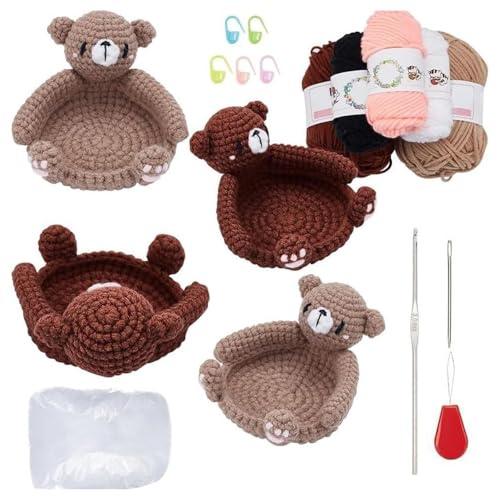Häkelset Tiere - HäKel Set AnfäNger - DIY häkelset Tiere Zubehör, häkelset Bären Untersetzer mit Wolle, Garnhaken, Geeignet für Erwachsene und Kinder mit Anleitung, Schritt-für-Schritt-Video-Tutorial