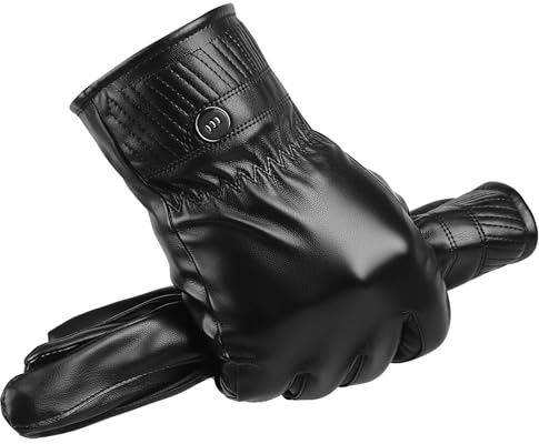 LJCZKA Leather Touchscreen Gloves Men Winter Driving Warm PU Faux Gloves Fleece Windproof Black Thermal Glove for Cycling Motorcycle Riding (Black)
