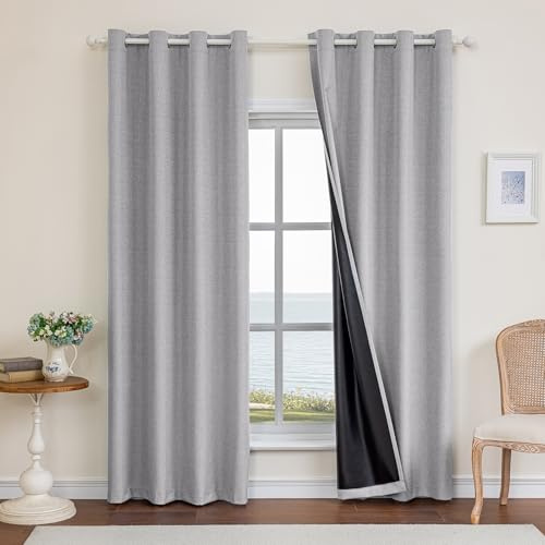 Ystyle 100% Cortinas Opacas 2 Piezas, 140x225cm, Lino Cortinas Dormitorio con Ojales Anti Luz Cortina Termica Aislantes Frio y Calor para Salon, Gris Claro