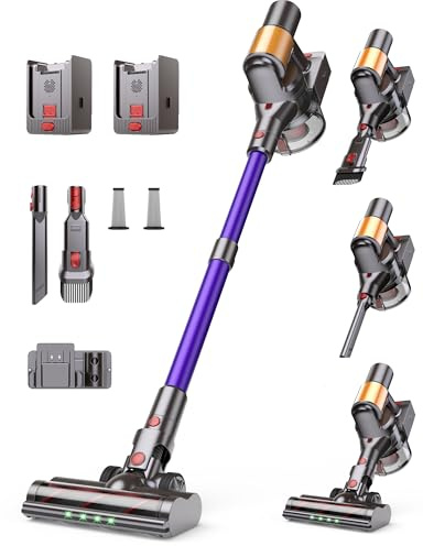 Snowkuna Cordless Vacuum Cleaner, 2 Batteries 120 Mins Runtime, 600W 50KPA Stick Vacuum with Self-Standing, Tangle-Free Brush, LED Display, Vacuum Cleaner for Home Hardwood Floor, Carpet, Pet Hair
