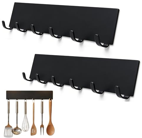 Juego de 2 soportes para llaves de metal con 6 ganchos, sin taladro, ideal para guardar llaves, colgar utensilios de cocina, herramientas de bricolaje y accesorios de baño, color negro