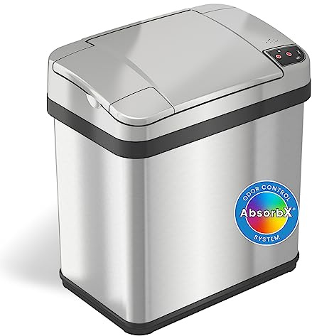 iTouchless 2.5 Gallon Sensor Garbage Can with AbsorbX Odor Filter and Fragrance, 9.5 Liter Touchless Automatic Stainless Steel Trash Bin, Perfect for Bathroom and Office