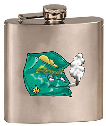Pot Smoking Pals Baked Open Bag of Potato Chips Snacks - 3D Color Printed 6 oz. Stainless Steel Flask (Steel Silver)