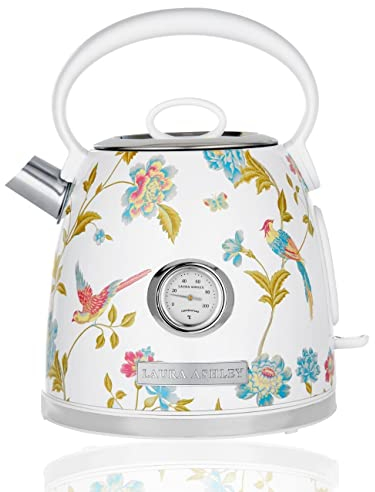 Laura Ashley Elveden White Cordless Electric Kettle By VQ, Stainless Steel Kettle With Capacity of 1.7 Litre, Energy Efficient 3KW Fast Boiling Technology With Boil Dry Protection & Temperature Gauge