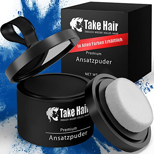 Take Hair Ansatzpuder Männer I 100% Wasserfest inkl. Spiegel und Schwamm I 4g Haarpuder I Haarverdichtung Haarverdicker Ansatzspray I Ansatzpuder für graue Haare abdecken (Ansatzpuder Schwarz)