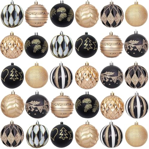 Weihnachtskugeln Weihnachtsbaumschmuck Deko Set,30 Stück Kunststoff Weihnachtsbaumkugeln Box mit Aufhänger Weihnachtsbaum Weihnachtsbaum Bälle Dekorationen für Weihnachten (Gold)