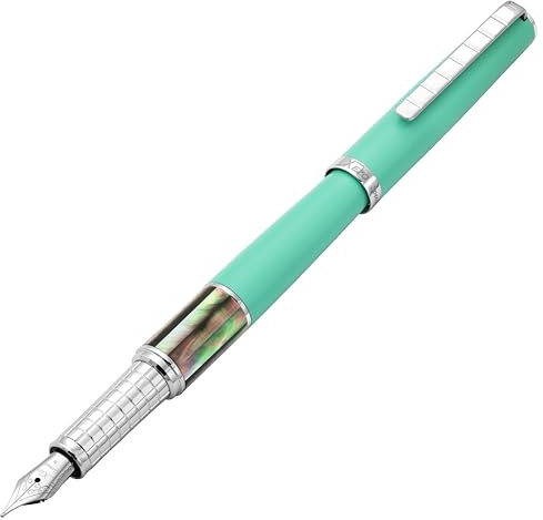 Xezo Speed Master Stylo plume, plume moyenne. Vert aqua mat avec nacre noire de Tahiti. Plaqué chrome. Corps en laiton léger. Chaque pièce unique
