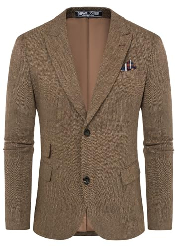 PJ PAUL JONES Sakko - Giacca da uomo vintage British Blazer, con 2 bottoni, in tweed, marrone, M