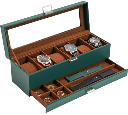 ProCase Caja de Relojes de 6 Ranuras con Cajón, Funda Organizadora de Reloj de 2 capas con Tapa de Cristal, Estuche de Almacenamiento para Hombres y Mujeres -Verde