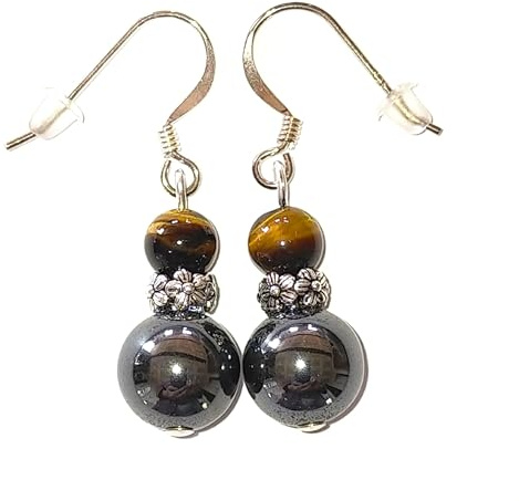 Boucles d’Oreilles Pendantes en Argent 925, Hématite et Pierres Véritables. Petites Fleurs en Argent 925 Vieilli et Pistons de Sécurité Offerts (OEIL DE TIGRE)