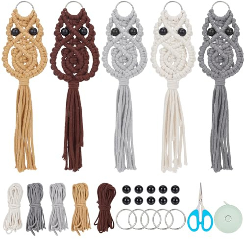 FREEBLOSS Set di 5 portachiavi fai da te in macramè a forma di gufo, kit macramè Boho, portachiavi per chiavi auto, borsa, telefono, con video tutorial