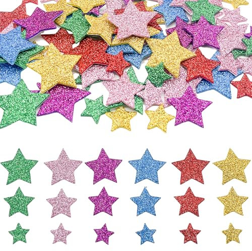 YEJAHY 350 Stück Sterne Moosgummi Sticker, Glitzer Sticker, Selbstklebend Farben Gemischt, Sterne Plastik Sticker Zum Basteln Dekorieren, 25mm 30mm 35mm
