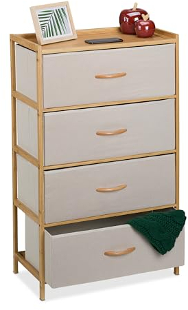 Relaxdays Cómoda de Bambú, 4 Cajones de Tela, Cajonera Salón, Aparador Dormitorio, 94 x 58 x 32,5 cm, Natural y Beige, Tablero de Fibras