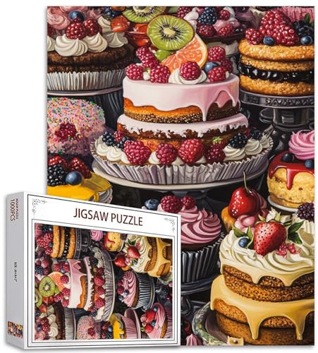 Casse-tête délicieux de 1 000 pièces pour adultes, familles (gâteau, orange, chocolat, fraise, crème) qui s'emboîtent parfaitement – 50 x 70 cm – Puzzle magique à encadrer (rouge)